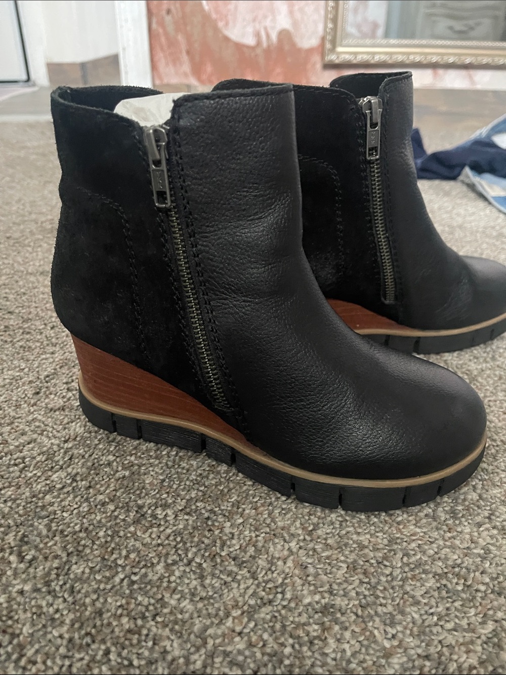 Classic Black Wedge Ankle Boot with Wood-Effect Heel